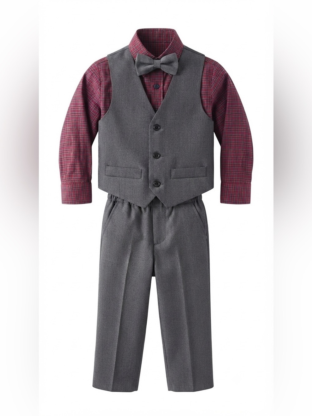 Happy Fella Boys' Formal 3-Piece Set - Red Plaid Shirt, Vest & Bowtie - Size 6